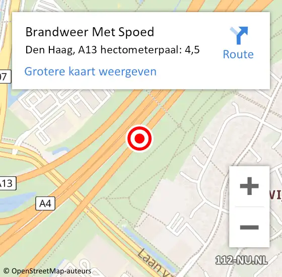 Locatie op kaart van de 112 melding: Brandweer Met Spoed Naar Den Haag, A13 hectometerpaal: 4,5 op 17 maart 2022 22:09