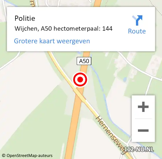 Locatie op kaart van de 112 melding: Politie Wijchen, A50 hectometerpaal: 144 op 17 maart 2022 22:16