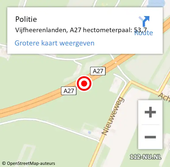 Locatie op kaart van de 112 melding: Politie Vijfheerenlanden, A27 hectometerpaal: 53,7 op 18 maart 2022 03:15