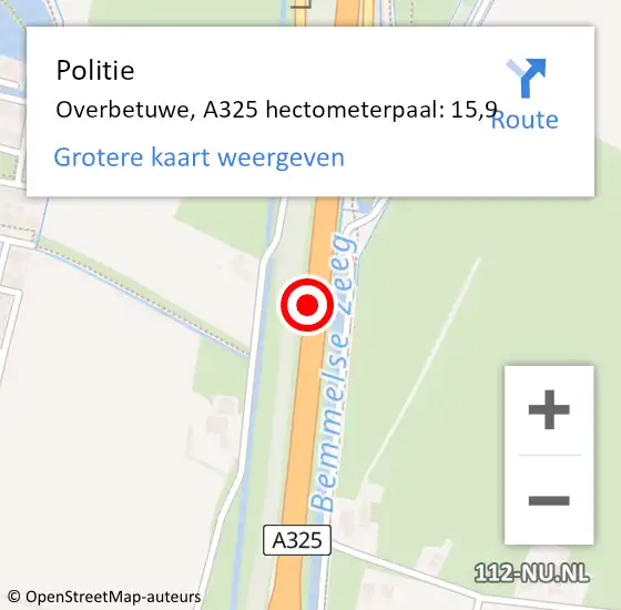 Locatie op kaart van de 112 melding: Politie Overbetuwe, A325 hectometerpaal: 15,9 op 18 maart 2022 06:58