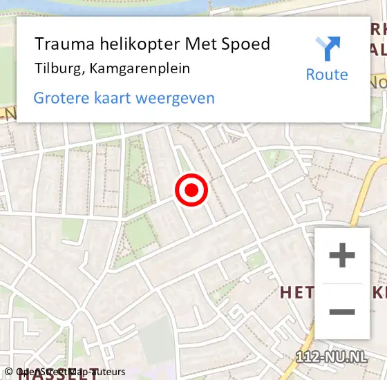 Locatie op kaart van de 112 melding: Trauma helikopter Met Spoed Naar Tilburg, Kamgarenplein op 18 maart 2022 07:10