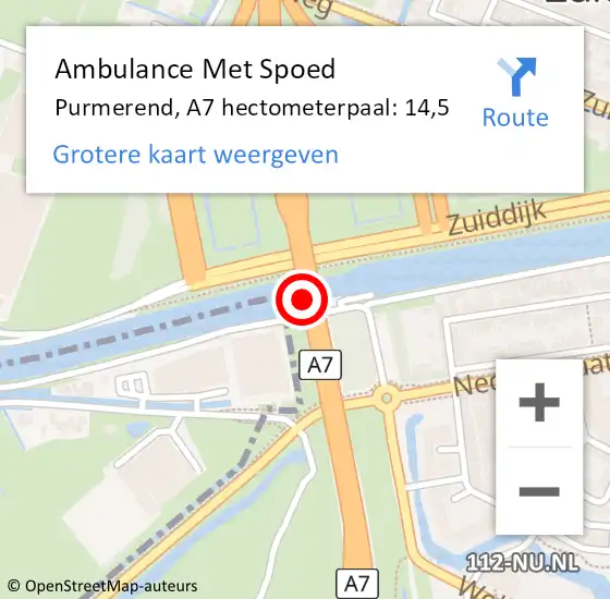 Locatie op kaart van de 112 melding: Ambulance Met Spoed Naar Purmerend, A7 hectometerpaal: 14,5 op 18 maart 2022 07:54