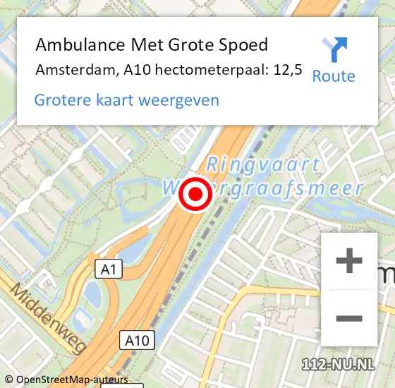 Locatie op kaart van de 112 melding: Ambulance Met Grote Spoed Naar Amsterdam, A10 hectometerpaal: 12,5 op 18 maart 2022 08:34