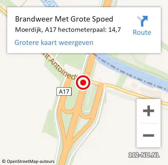 Locatie op kaart van de 112 melding: Brandweer Met Grote Spoed Naar Moerdijk, A17 hectometerpaal: 14,7 op 18 maart 2022 09:20