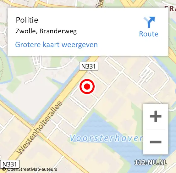 Locatie op kaart van de 112 melding: Politie Zwolle, Branderweg op 18 maart 2022 10:52