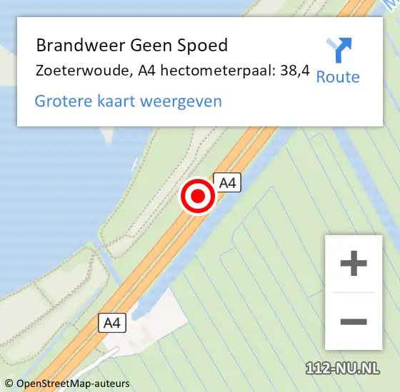 Locatie op kaart van de 112 melding: Brandweer Geen Spoed Naar Zoeterwoude, A4 hectometerpaal: 38,4 op 18 maart 2022 11:37