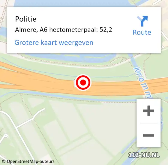 Locatie op kaart van de 112 melding: Politie Almere, A6 hectometerpaal: 52,2 op 18 maart 2022 14:58