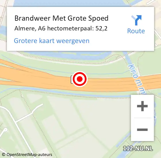 Locatie op kaart van de 112 melding: Brandweer Met Grote Spoed Naar Almere, A6 hectometerpaal: 52,2 op 18 maart 2022 14:59