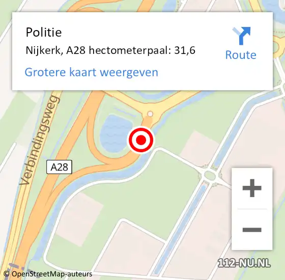 Locatie op kaart van de 112 melding: Politie Nijkerk, A28 hectometerpaal: 31,6 op 18 maart 2022 15:34