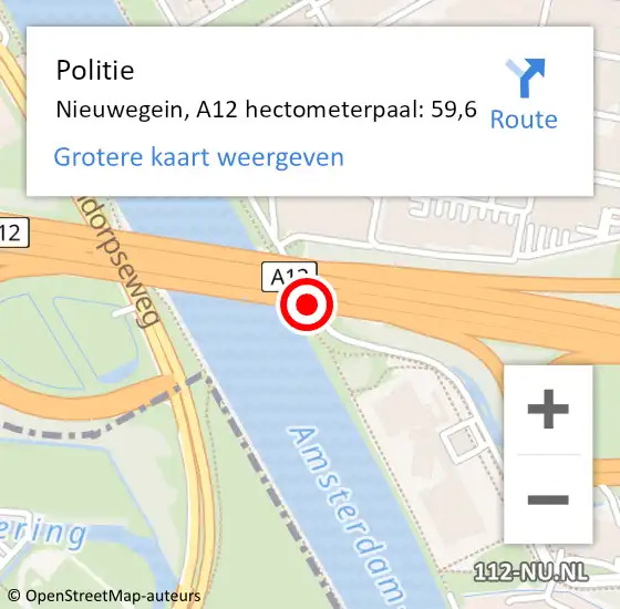 Locatie op kaart van de 112 melding: Politie Nieuwegein, A12 hectometerpaal: 59,6 op 18 maart 2022 16:09