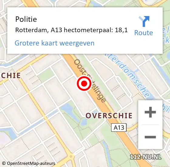 Locatie op kaart van de 112 melding: Politie Rotterdam, A13 hectometerpaal: 18,1 op 18 maart 2022 16:30