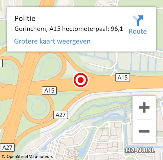 Locatie op kaart van de 112 melding: Politie Gorinchem, A15 hectometerpaal: 96,1 op 18 maart 2022 16:52
