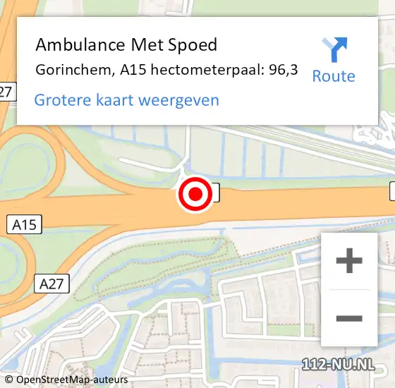 Locatie op kaart van de 112 melding: Ambulance Met Spoed Naar Gorinchem, A15 hectometerpaal: 96,3 op 18 maart 2022 16:54