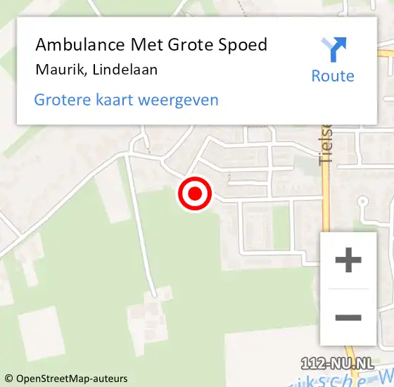 Locatie op kaart van de 112 melding: Ambulance Met Grote Spoed Naar Maurik, Lindelaan op 18 maart 2022 18:27