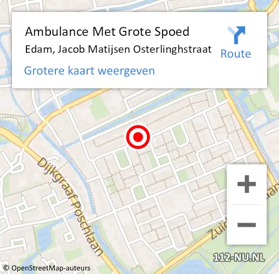 Locatie op kaart van de 112 melding: Ambulance Met Grote Spoed Naar Edam, Jacob Matijsen Osterlinghstraat op 18 maart 2022 18:53