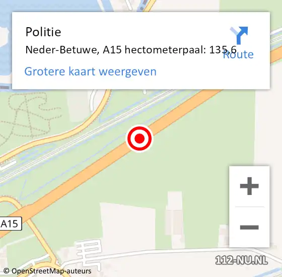 Locatie op kaart van de 112 melding: Politie Neder-Betuwe, A15 hectometerpaal: 135,6 op 18 maart 2022 23:53