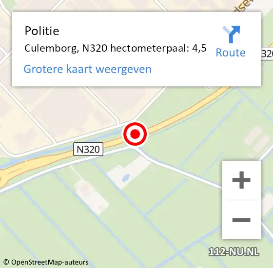 Locatie op kaart van de 112 melding: Politie Culemborg, N320 hectometerpaal: 4,5 op 19 maart 2022 01:42