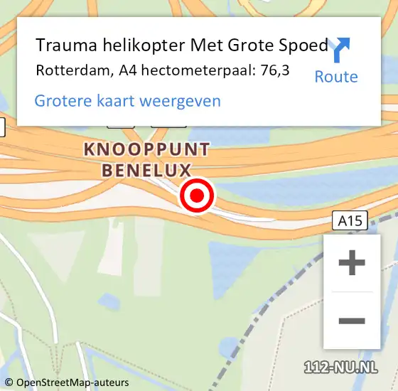 Locatie op kaart van de 112 melding: Trauma helikopter Met Grote Spoed Naar Rotterdam, A4 hectometerpaal: 76,3 op 19 maart 2022 03:31