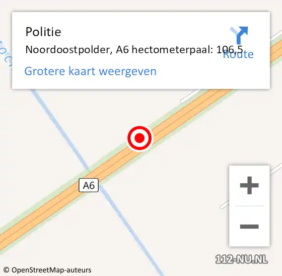 Locatie op kaart van de 112 melding: Politie Noordoostpolder, A6 hectometerpaal: 106,5 op 19 maart 2022 07:53