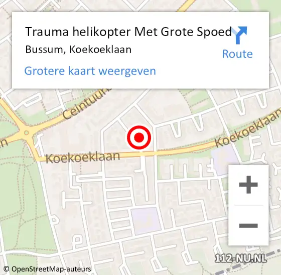 Locatie op kaart van de 112 melding: Trauma helikopter Met Grote Spoed Naar Bussum, Koekoeklaan op 19 maart 2022 10:55