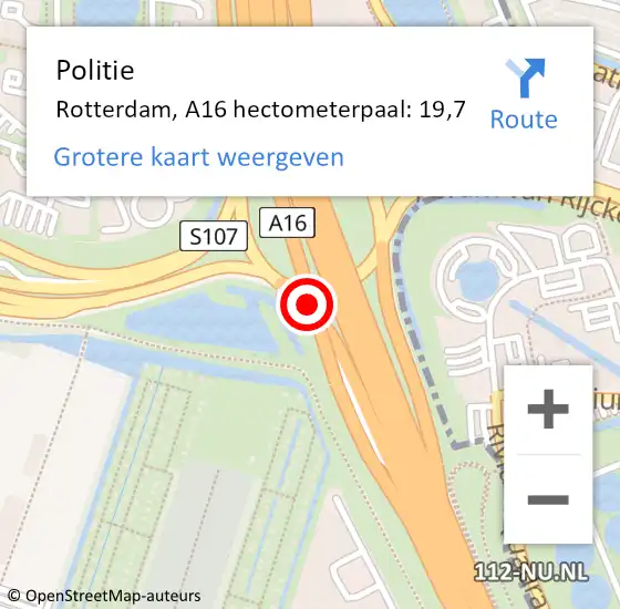 Locatie op kaart van de 112 melding: Politie Rotterdam, A16 hectometerpaal: 19,7 op 19 maart 2022 11:55