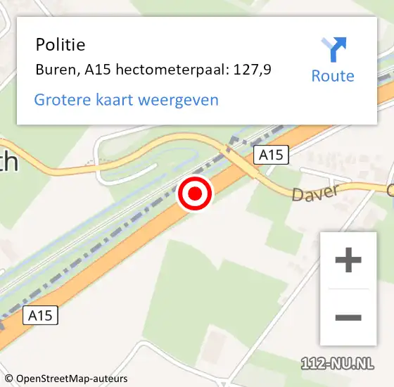 Locatie op kaart van de 112 melding: Politie Buren, A15 hectometerpaal: 127,9 op 19 maart 2022 13:28