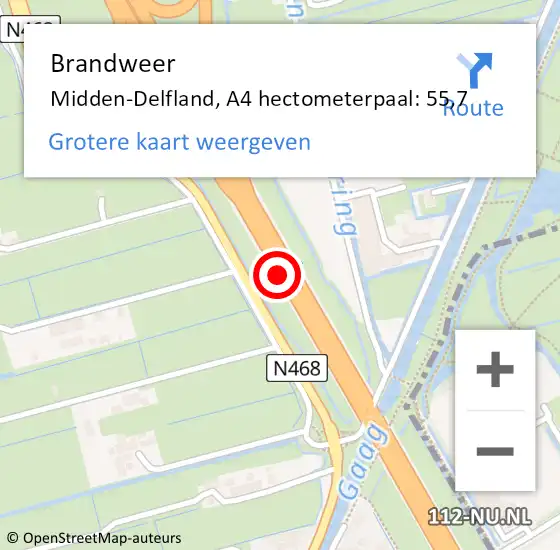 Locatie op kaart van de 112 melding: Brandweer Midden-Delfland, A4 hectometerpaal: 55,7 op 19 maart 2022 13:41