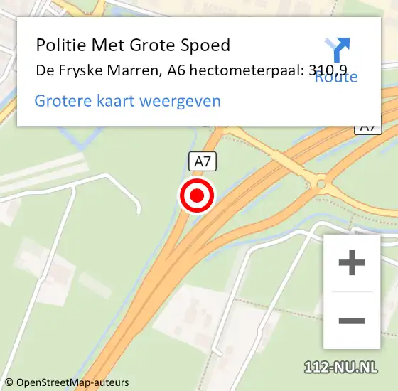 Locatie op kaart van de 112 melding: Politie Met Grote Spoed Naar De Fryske Marren, A6 hectometerpaal: 310,9 op 19 maart 2022 15:42