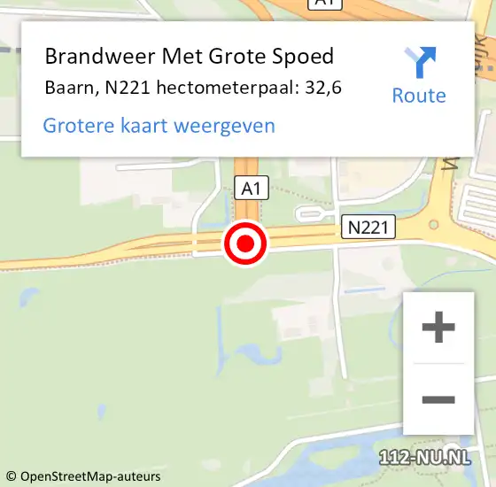 Locatie op kaart van de 112 melding: Brandweer Met Grote Spoed Naar Baarn, N221 hectometerpaal: 32,6 op 19 maart 2022 16:12