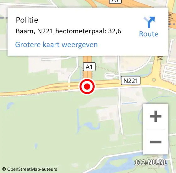 Locatie op kaart van de 112 melding: Politie Baarn, N221 hectometerpaal: 32,6 op 19 maart 2022 16:14