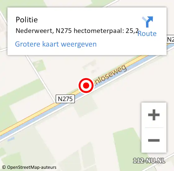 Locatie op kaart van de 112 melding: Politie Nederweert, N275 hectometerpaal: 25,2 op 19 maart 2022 19:19