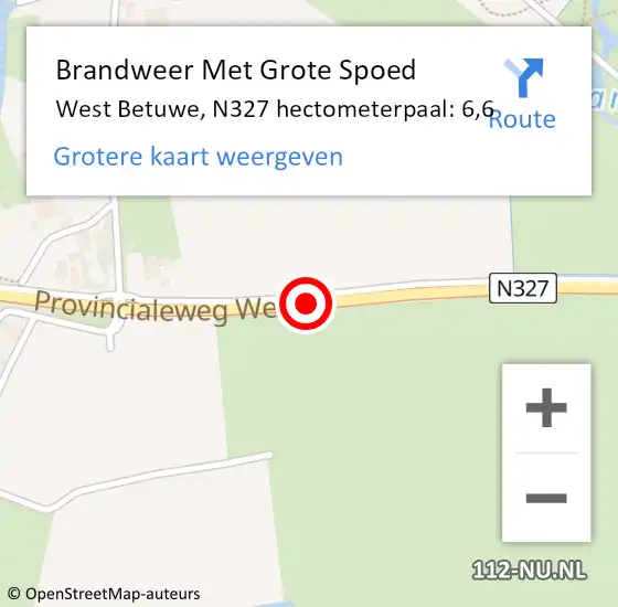 Locatie op kaart van de 112 melding: Brandweer Met Grote Spoed Naar West Betuwe, N327 hectometerpaal: 6,6 op 20 maart 2022 00:26