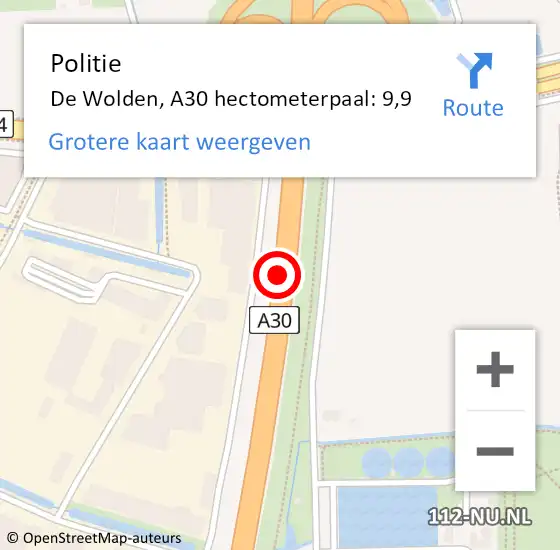 Locatie op kaart van de 112 melding: Politie De Wolden, A30 hectometerpaal: 9,9 op 20 maart 2022 08:39