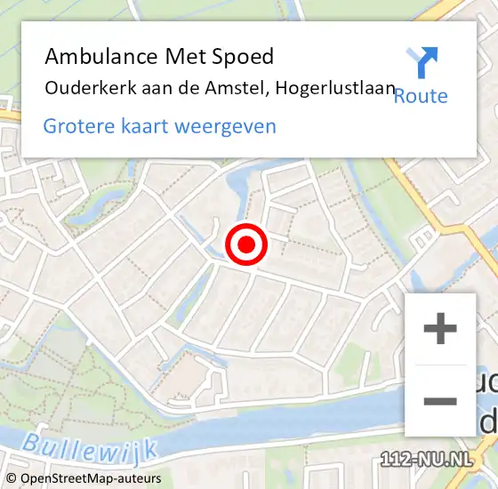 Locatie op kaart van de 112 melding: Ambulance Met Spoed Naar Ouderkerk aan de Amstel, Hogerlustlaan op 20 maart 2022 09:14
