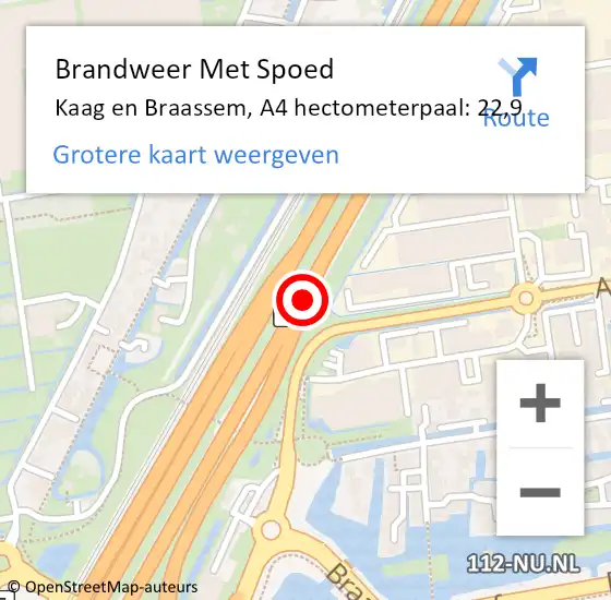 Locatie op kaart van de 112 melding: Brandweer Met Spoed Naar Kaag en Braassem, A4 hectometerpaal: 22,9 op 20 maart 2022 11:28