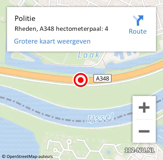 Locatie op kaart van de 112 melding: Politie Rheden, A348 hectometerpaal: 4 op 20 maart 2022 15:05