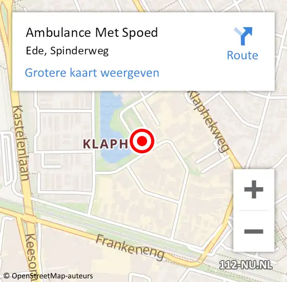 Locatie op kaart van de 112 melding: Ambulance Met Spoed Naar Ede, Spinderweg op 20 maart 2022 21:55