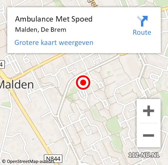 Locatie op kaart van de 112 melding: Ambulance Met Spoed Naar Malden, De Brem op 21 maart 2022 00:19