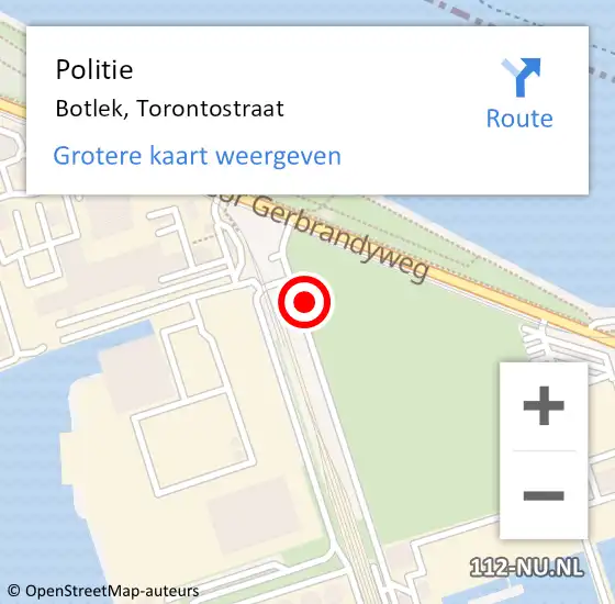 Locatie op kaart van de 112 melding: Politie Botlek, Torontostraat op 21 maart 2022 03:54