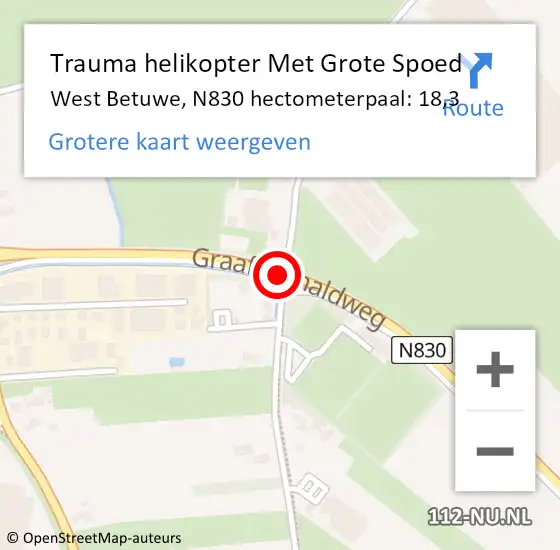 Locatie op kaart van de 112 melding: Trauma helikopter Met Grote Spoed Naar West Betuwe, N830 hectometerpaal: 18,3 op 21 maart 2022 08:35