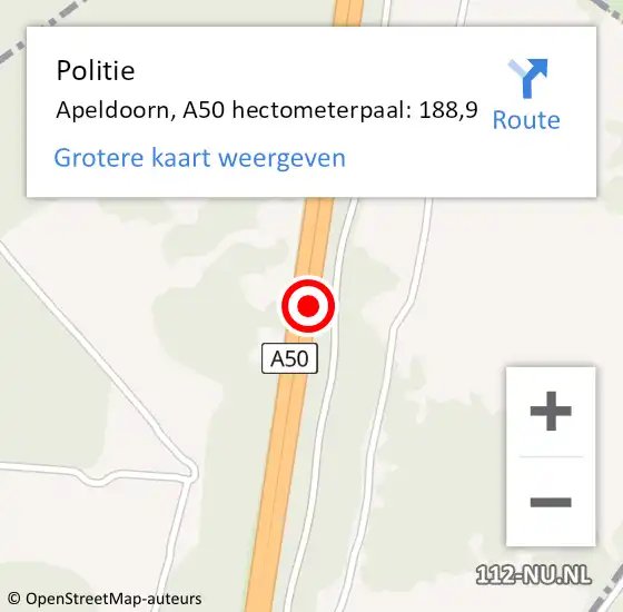 Locatie op kaart van de 112 melding: Politie Apeldoorn, A50 hectometerpaal: 188,9 op 21 maart 2022 12:10