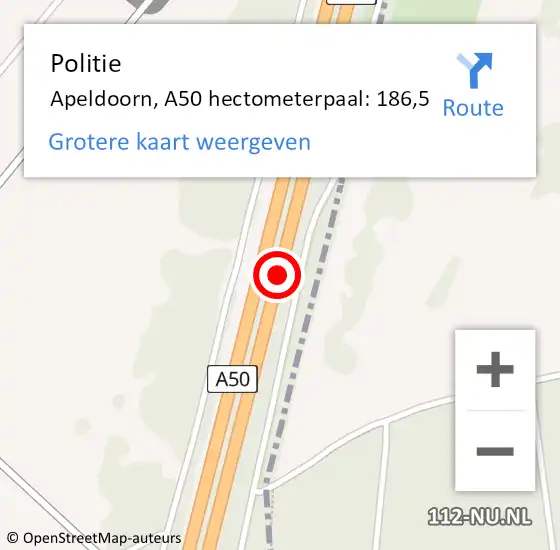 Locatie op kaart van de 112 melding: Politie Apeldoorn, A50 hectometerpaal: 186,5 op 21 maart 2022 12:13