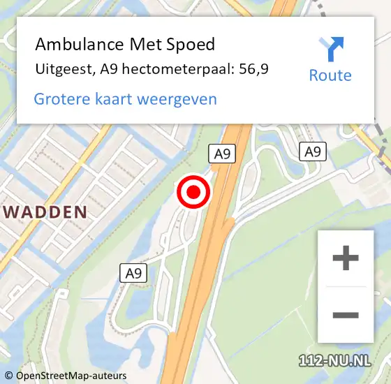 Locatie op kaart van de 112 melding: Ambulance Met Spoed Naar Uitgeest, A9 hectometerpaal: 56,9 op 21 maart 2022 12:45