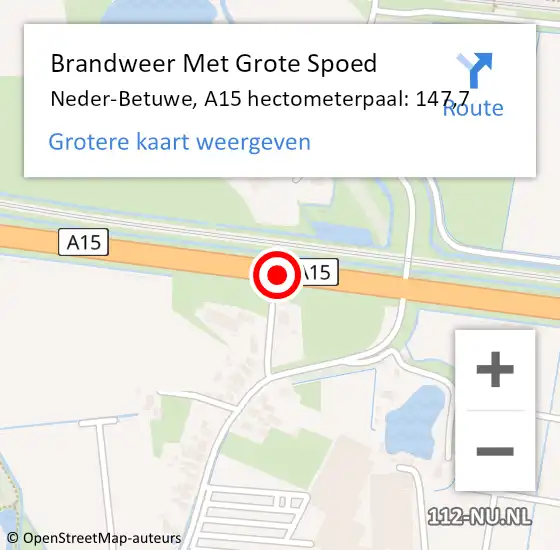 Locatie op kaart van de 112 melding: Brandweer Met Grote Spoed Naar Neder-Betuwe, A15 hectometerpaal: 147,7 op 21 maart 2022 13:27