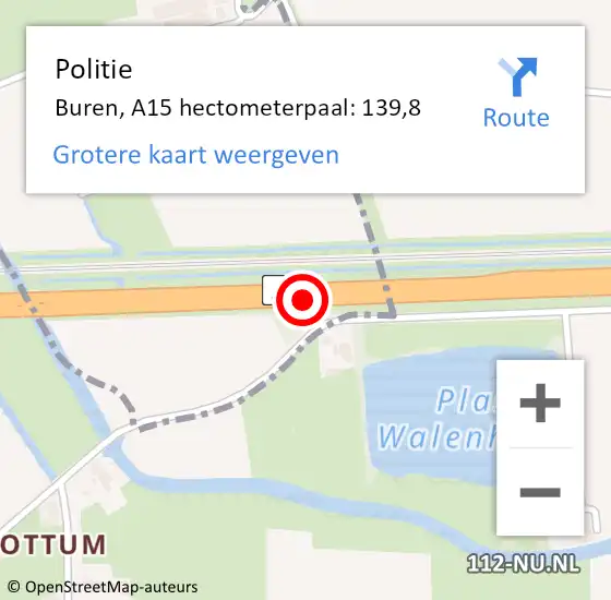 Locatie op kaart van de 112 melding: Politie Buren, A15 hectometerpaal: 139,8 op 21 maart 2022 13:27