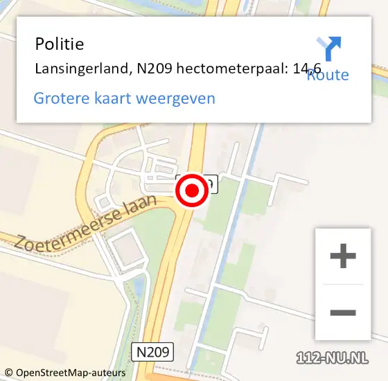 Locatie op kaart van de 112 melding: Politie Lansingerland, N209 hectometerpaal: 14,6 op 21 maart 2022 13:37