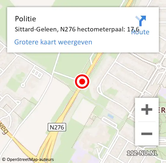 Locatie op kaart van de 112 melding: Politie Sittard-Geleen, N276 hectometerpaal: 17,6 op 21 maart 2022 13:53