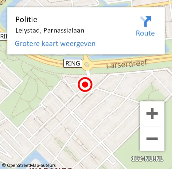 Locatie op kaart van de 112 melding: Politie Lelystad, Parnassialaan op 21 maart 2022 17:39