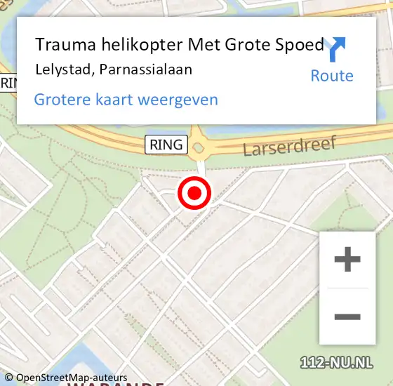 Locatie op kaart van de 112 melding: Trauma helikopter Met Grote Spoed Naar Lelystad, Parnassialaan op 21 maart 2022 17:41