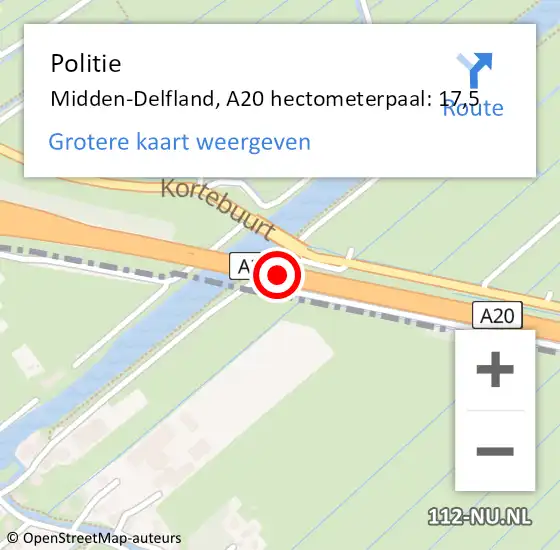 Locatie op kaart van de 112 melding: Politie Midden-Delfland, A20 hectometerpaal: 17,5 op 22 maart 2022 03:33